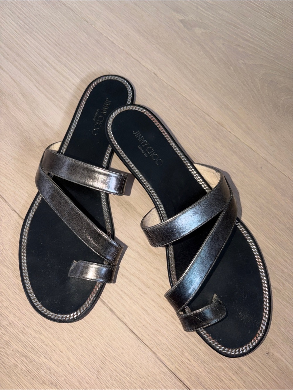 Jimmy Choo Metallic Black Strappy Slide Sandals size 40 (10 US)